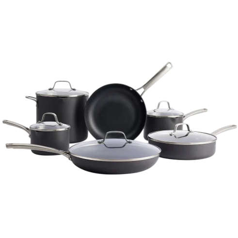 A set of black cookware with silver handles and lids, including frying pans, saucepans, and a stockpot.