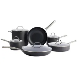 A set of black cookware with silver handles and lids, including frying pans, saucepans, and a stockpot.