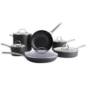 A set of black cookware with silver handles and lids, including frying pans, saucepans, and a stockpot.