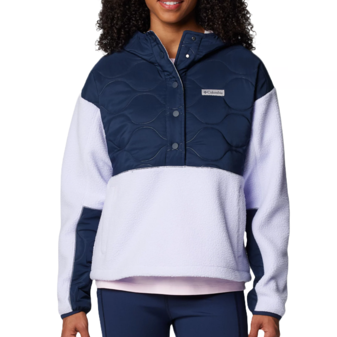 A blue and white Columbia pullover jacket with a quilted texture, snap buttons, and a hood.