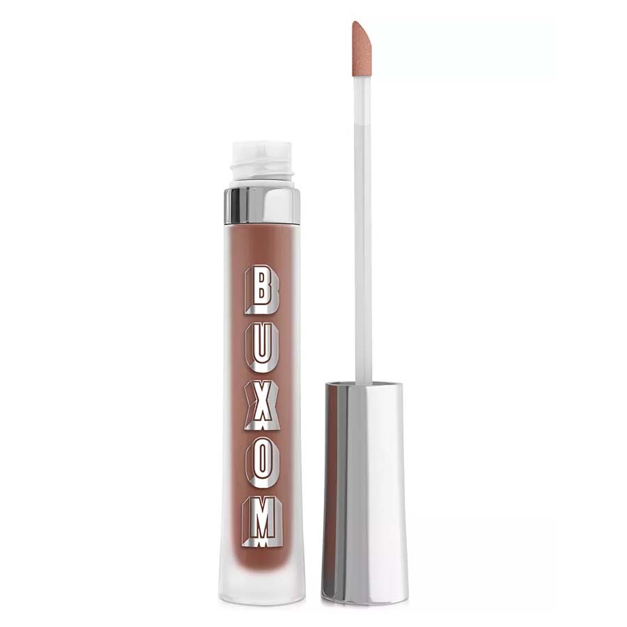 Buxom lip gloss with a doe-foot applicator, featuring a silver cap and brownish color.