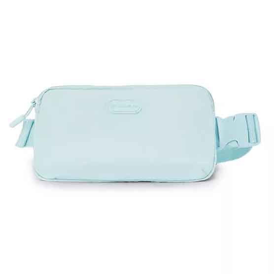 A light blue, rectangular belt bag with a zippered main compartment and an adjustable strap. The bag includes a small logo on the front.