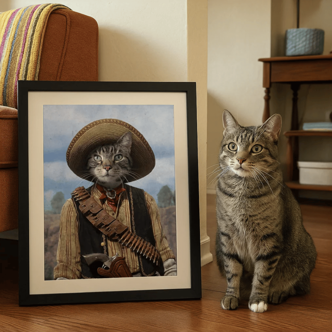 A tabby cat sits beside a framed portrait depicting a cat in a cowboy outfit, complete with a sombrero and bandolier, in a cozy living room setting.