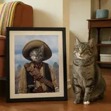 A tabby cat sits beside a framed portrait depicting a cat in a cowboy outfit, complete with a sombrero and bandolier, in a cozy living room setting.