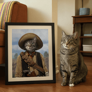 A tabby cat sits beside a framed portrait depicting a cat in a cowboy outfit, complete with a sombrero and bandolier, in a cozy living room setting.