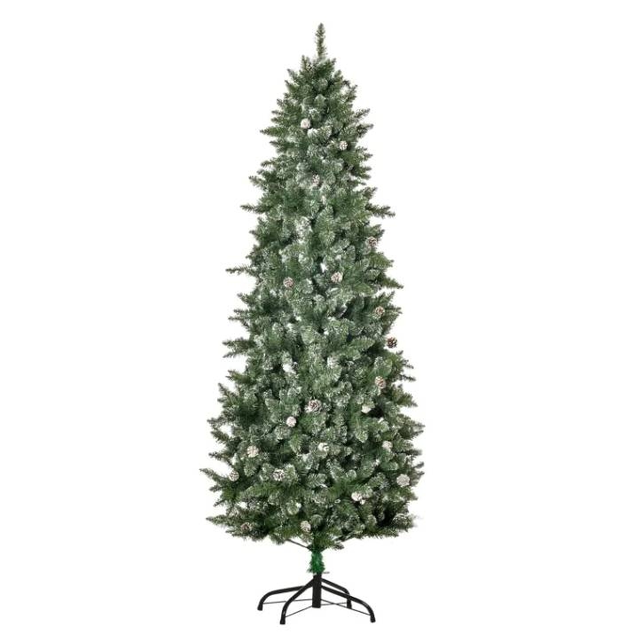 A 7.5-foot artificial Christmas tree with dense green foliage and a scattering of faux snow, supported by a black four-legged metal stand.