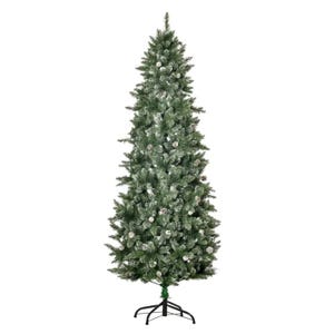 A 7.5-foot artificial Christmas tree with dense green foliage and a scattering of faux snow, supported by a black four-legged metal stand.