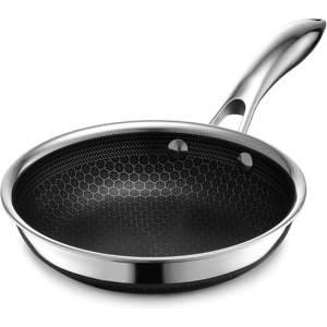 A stainless steel frying pan with a non-stick hexagonal pattern interior and a sleek, ergonomic handle.