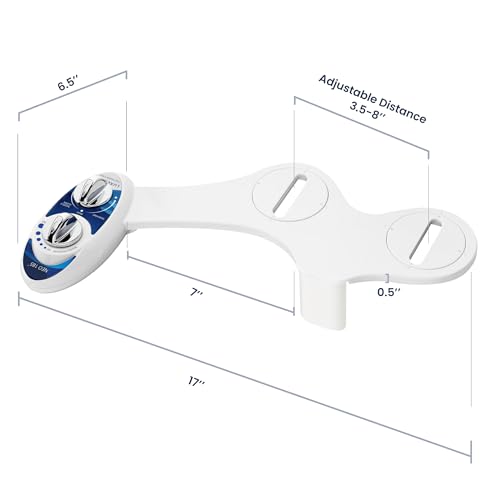 Bidet attachment with dual dials and adjustable fitting distance, dimensions 17\“x7\“x6.5\“, fitting toilets with an adjustable distance of 3.5\“-8\“.