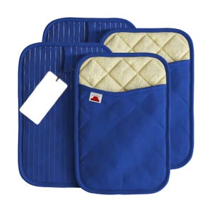 Four blue quilted potholders with cream interior, featuring a visible tag and a plastic card.