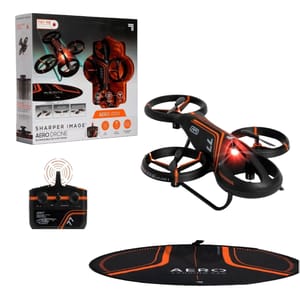 Sharper Image Aero Stunt Drone with controller and landing pad; features 360-degree stunt rolls, auto orientation, flashing LED lights, and easy-to-use remote control.