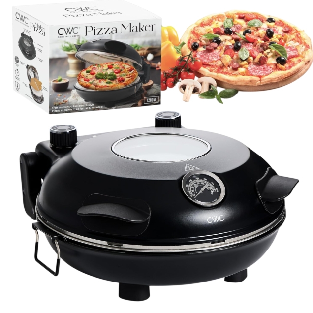 CWC pizza maker with a box. A cooked pizza with toppings like olives, pepperoni, and vegetables is shown in the background.