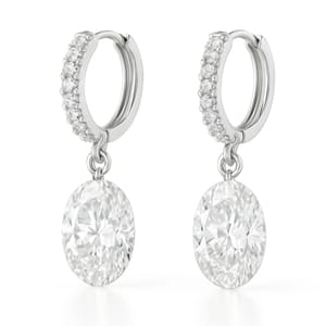 Elegant silver hoop earrings adorned with small diamonds, featuring large oval-cut diamond pendants.