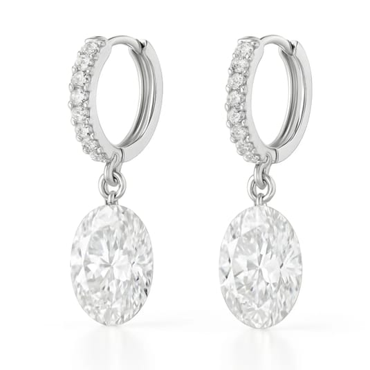 Elegant silver hoop earrings adorned with small diamonds, featuring large oval-cut diamond pendants.