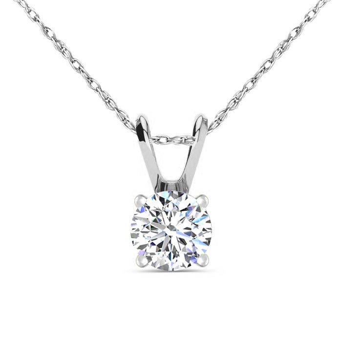 A pendant necklace featuring a round-cut gemstone set in a four-prong setting, suspended from a delicate silver chain.
