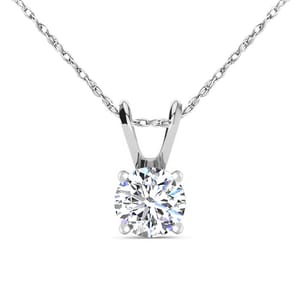A pendant necklace featuring a round-cut gemstone set in a four-prong setting, suspended from a delicate silver chain.
