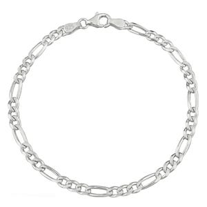 A sterling silver Figaro chain bracelet with a lobster clasp, featuring a \“925\“ stamp indicating its purity.