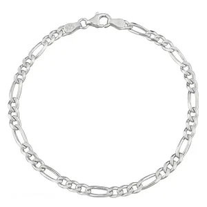 A sterling silver Figaro chain bracelet with a lobster clasp, featuring a \“925\“ stamp indicating its purity.