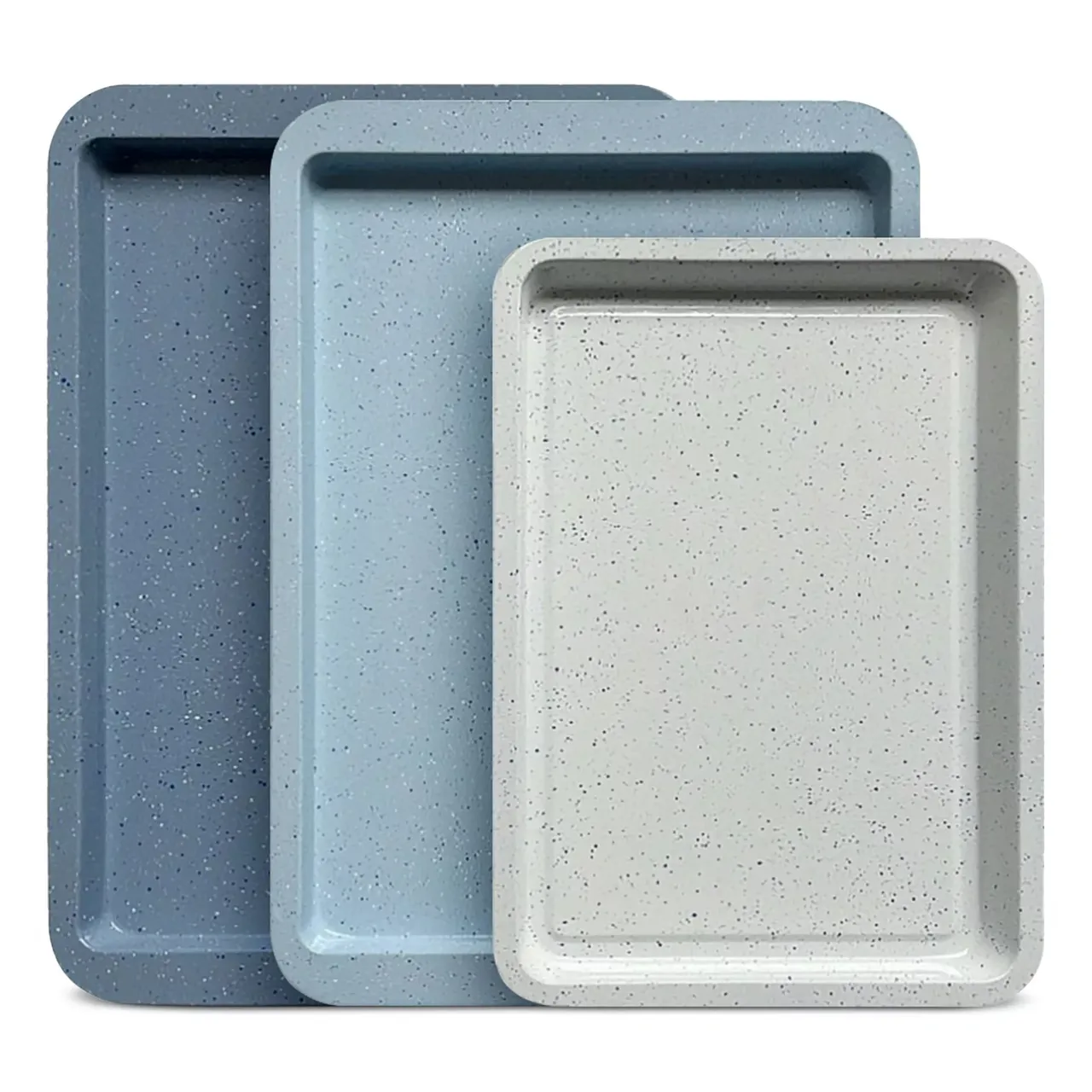Three stackable rectangular baking trays in different shades of blue and gray with a speckled pattern.