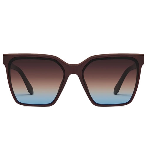Rectangular sunglasses with a maroon frame and gradient lenses transitioning from brown to blue.