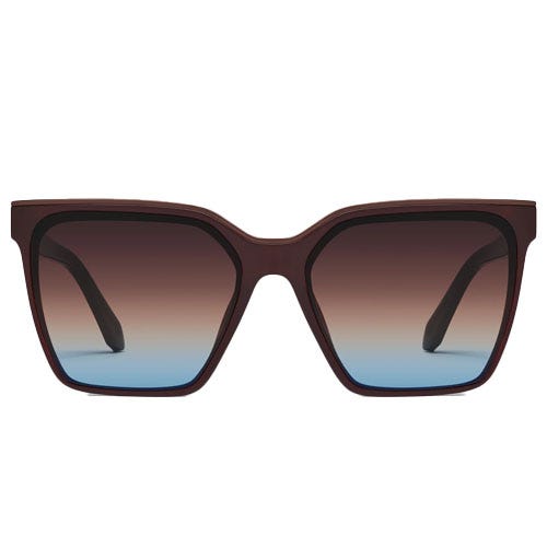 Rectangular sunglasses with a maroon frame and gradient lenses transitioning from brown to blue.