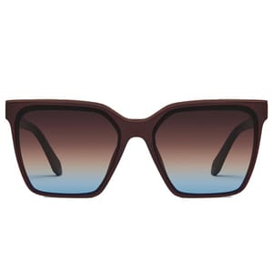 Rectangular sunglasses with a maroon frame and gradient lenses transitioning from brown to blue.