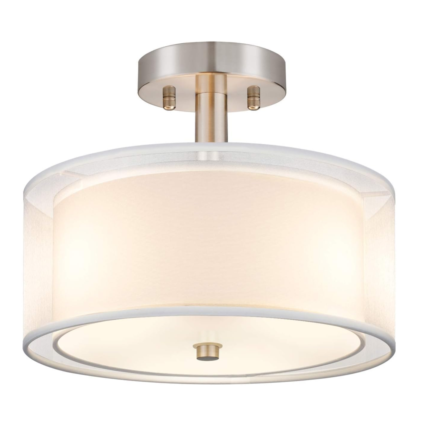 Semi-flush mount ceiling light with a beige drum shade and metallic fixture.