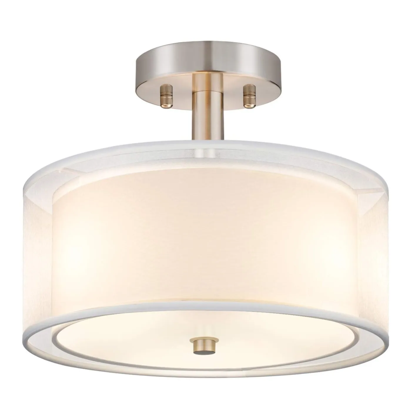 Semi-flush mount ceiling light with a beige drum shade and metallic fixture.