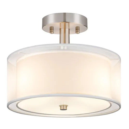 Semi-flush mount ceiling light with a beige drum shade and metallic fixture.