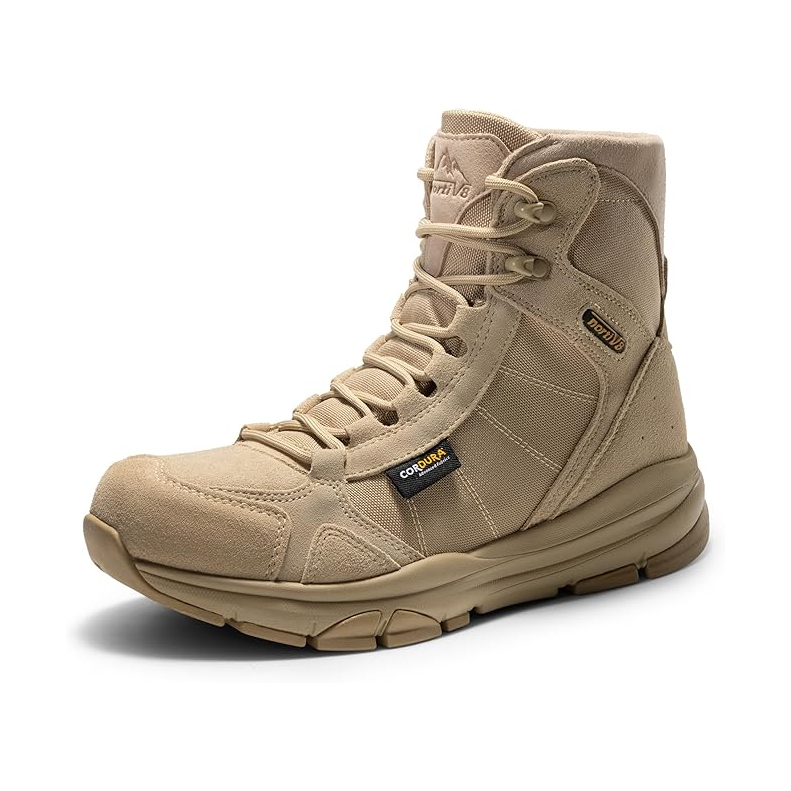 A beige tactical boot featuring Cordura fabric, secure lacing, and a rugged sole for durability.