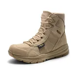 A beige tactical boot featuring Cordura fabric, secure lacing, and a rugged sole for durability.