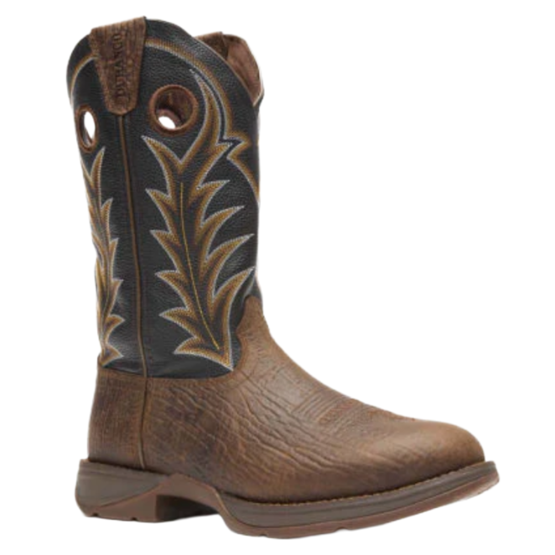 Western-style cowboy boot with a brown textured foot and a black upper featuring intricate yellow and white stitching.