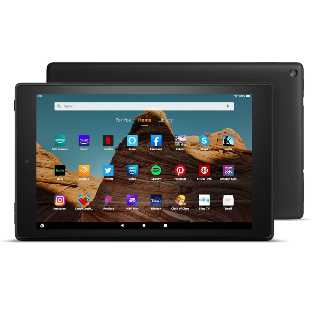 Tablet with a 10-inch display, showing app icons for Netflix, Facebook, Spotify, and more, against a backdrop of desert rock formations.