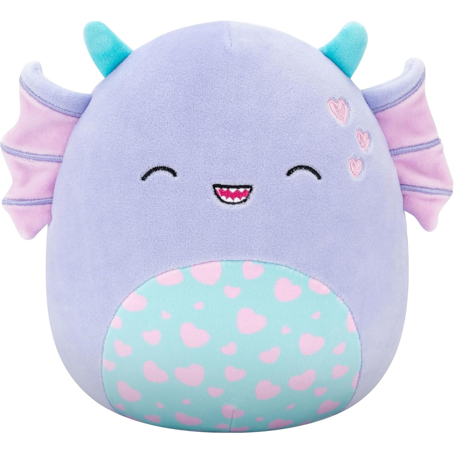 A cute plush toy resembling a mythical creature with lavender fabric, blue horns, pink wings, a smiling face, and a turquoise belly decorated with pink hearts.