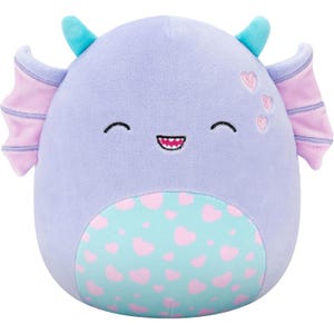 A cute plush toy resembling a mythical creature with lavender fabric, blue horns, pink wings, a smiling face, and a turquoise belly decorated with pink hearts.