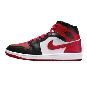 Women's Air Jordan 1 Mid Shoes feature a black, white, and red leather upper with a red Nike Swoosh and laces. The design includes a classic Air Jordan Wings logo on the ankle, with a white midsole and red outsole.