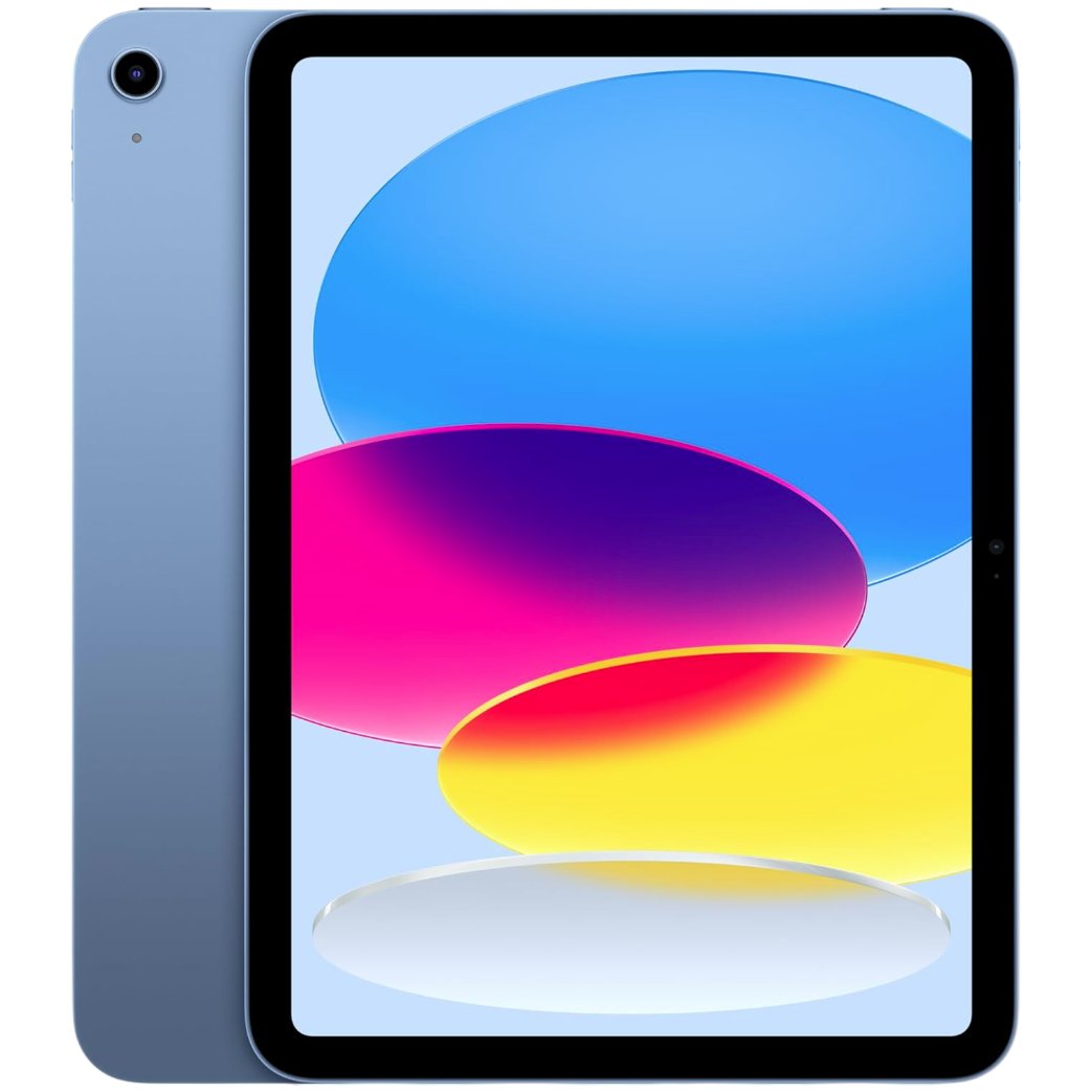 A blue tablet with a colorful display featuring abstract ovals in shades of blue, pink, yellow, and white.