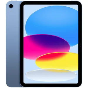 A blue tablet with a colorful display featuring abstract ovals in shades of blue, pink, yellow, and white.