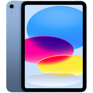 A blue tablet with a colorful display featuring abstract ovals in shades of blue, pink, yellow, and white.