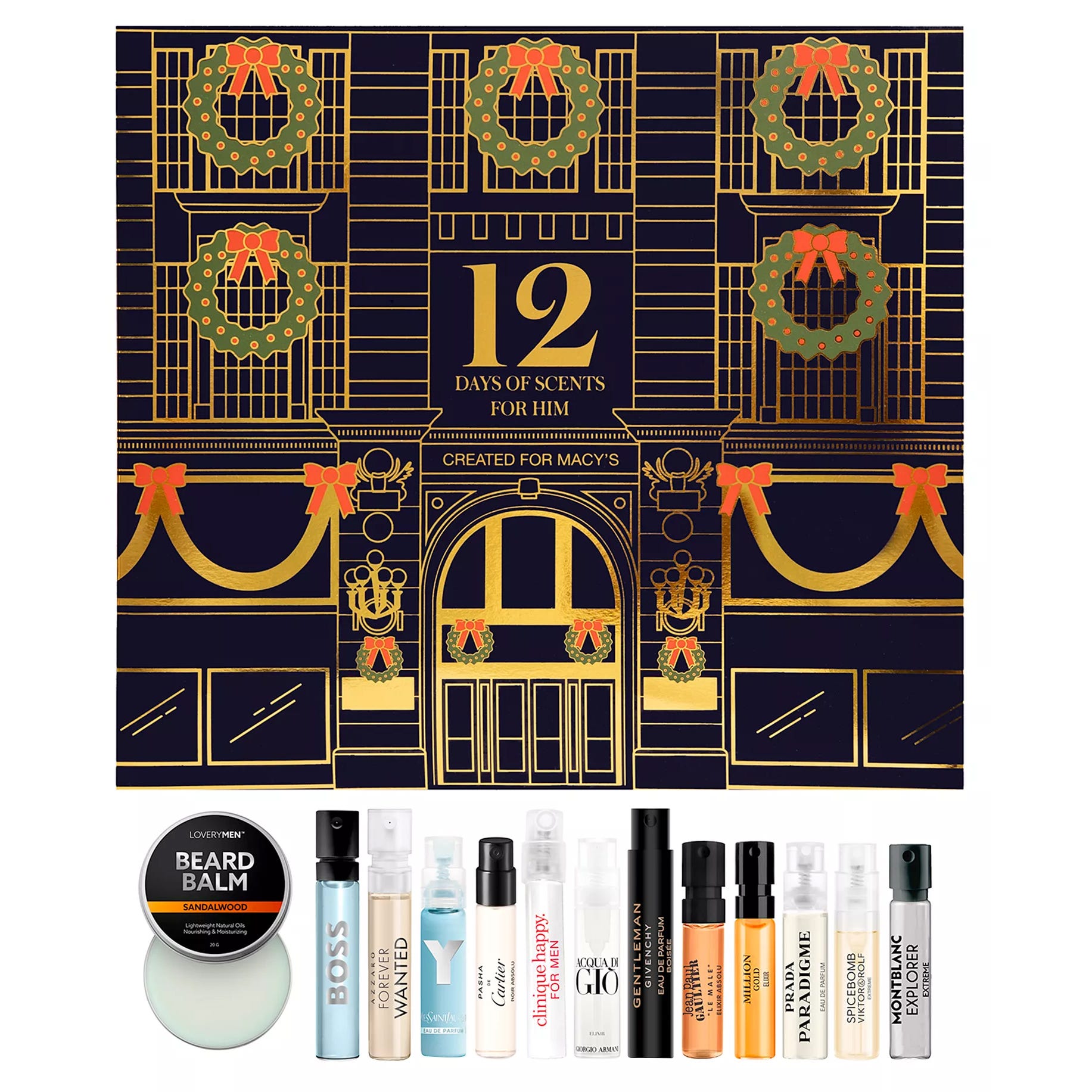12 Days of Scents for Him, created for Macy's, features a selection of men's fragrance samples and a sandalwood beard balm. Brands include Hugo Boss, Paco Rabanne, Yves Saint Laurent, Giorgio Armani, Clinique, and Montblanc.