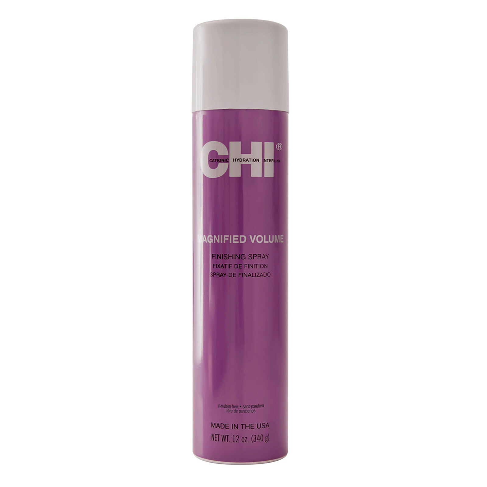 CHI Magnified Volume Finishing Spray, 12 oz (340 g), purple can with a white cap, offers a volumizing, paraben-free hold. Made in the USA.