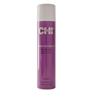 CHI Magnified Volume Finishing Spray, 12 oz (340 g), purple can with a white cap, offers a volumizing, paraben-free hold. Made in the USA.