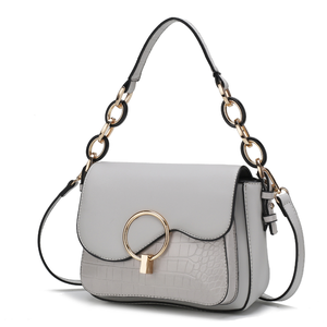A stylish shoulder bag featuring a light gray color with a crocodile texture accent. It has a gold-tone circular metal ring and chain-link strap.