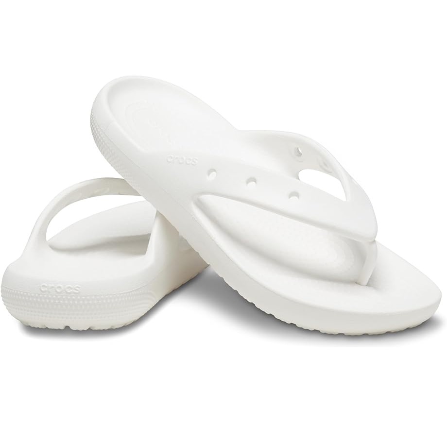 White flip-flops with a strap around the heel.