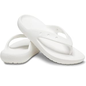 White flip-flops with a strap around the heel.