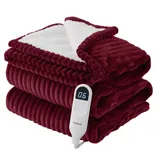 A burgundy heated blanket with a white fluffy lining and a digital controller displaying \“06,\“ featuring the Bedsure brand.
