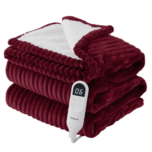 A burgundy heated blanket with a white fluffy lining and a digital controller displaying \“06,\“ featuring the Bedsure brand.