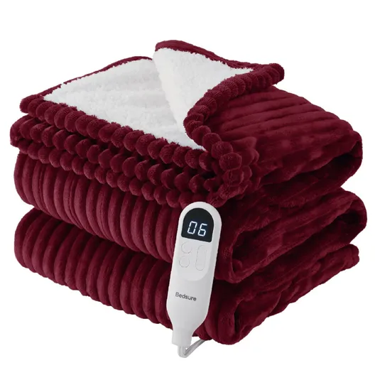 A burgundy heated blanket with a white fluffy lining and a digital controller displaying \“06,\“ featuring the Bedsure brand.