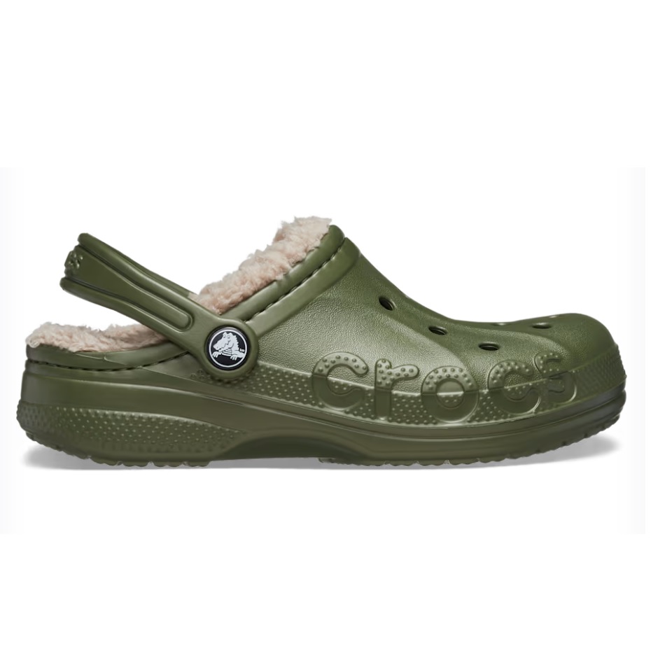 Olive green Crocs Kids’ Baya Lined Clogs with a warm, fuzzy lining and an adjustable heel strap for added comfort. The brand name \“crocs\“ is embossed on the side.