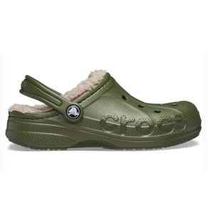 Olive green Crocs Kids’ Baya Lined Clogs with a warm, fuzzy lining and an adjustable heel strap for added comfort. The brand name \“crocs\“ is embossed on the side.